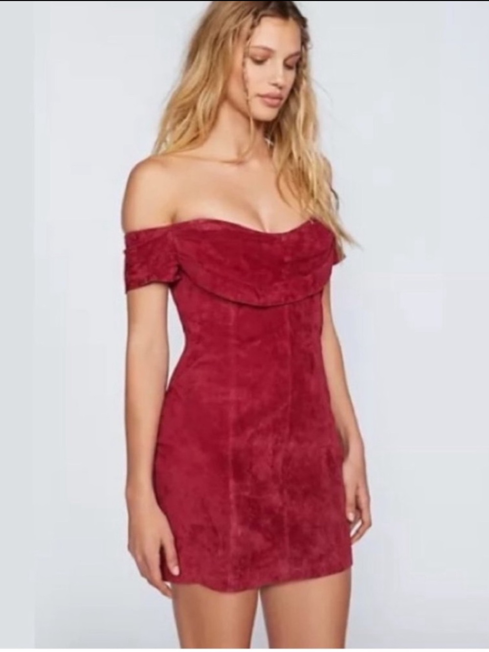 FREE PEOPLE Maria 100% Suede Boho Bodycon Mini Dress Size 4 Wine Off Shoulder